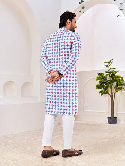 Shopgarb Men's Stylish White Geometric Printed Cotton Kurta