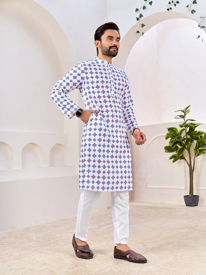 Shopgarb Men's Stylish White Geometric Printed Cotton Kurta