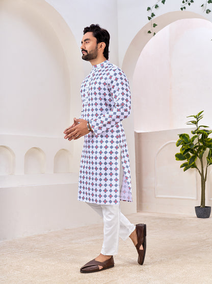 Shopgarb Men's Stylish White Geometric Printed Cotton Kurta