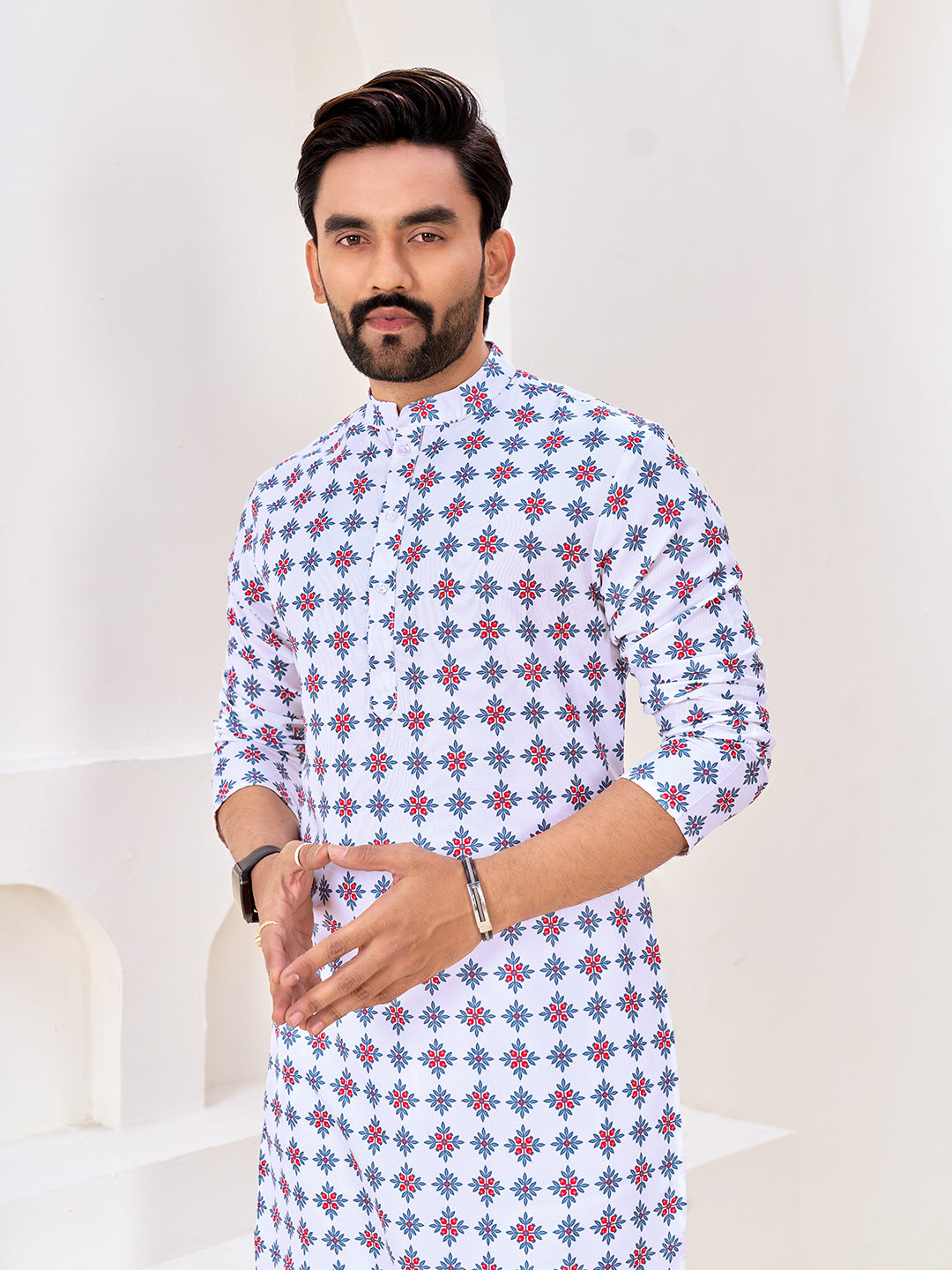 Shopgarb Men's Stylish White Geometric Printed Cotton Kurta