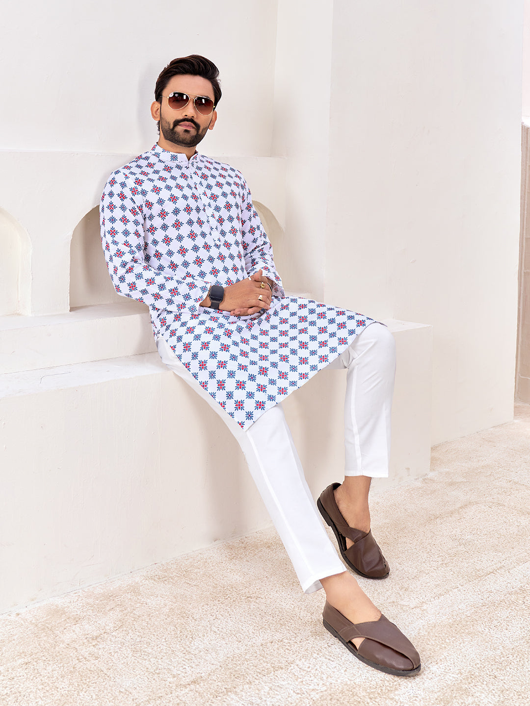Shopgarb Men's Stylish White Geometric Printed Cotton Kurta
