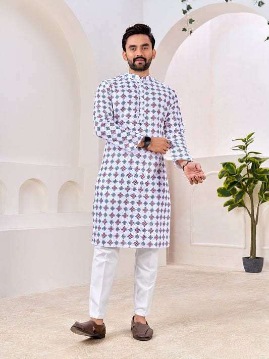 Shopgarb Men's Stylish White Geometric Printed Cotton Kurta