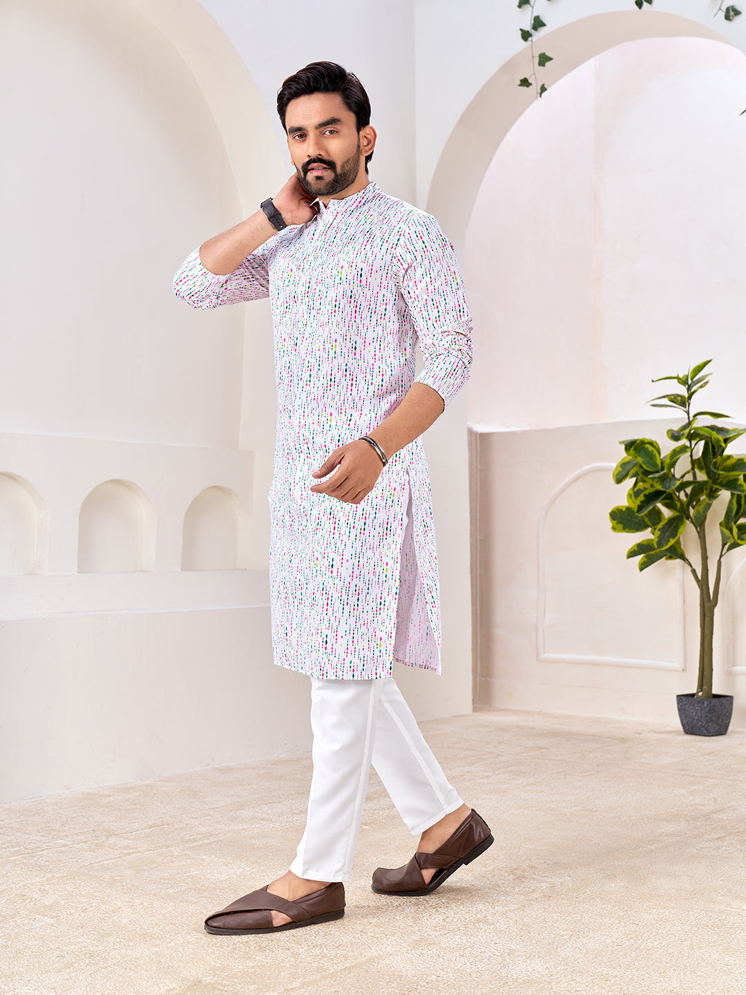 Shopgarb White Cotton Kurta with Soft Speckled Pattern – Lightweight & Stylish