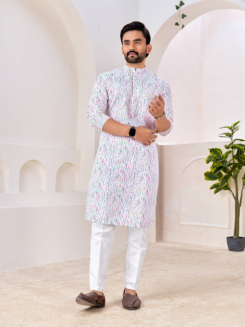 Shopgarb White Cotton Kurta with Soft Speckled Pattern – Lightweight & Stylish