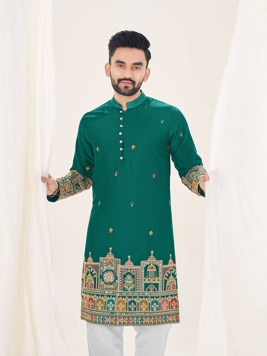 Embroidered Mandarin Collar Thread Work Silk Straight Kurta