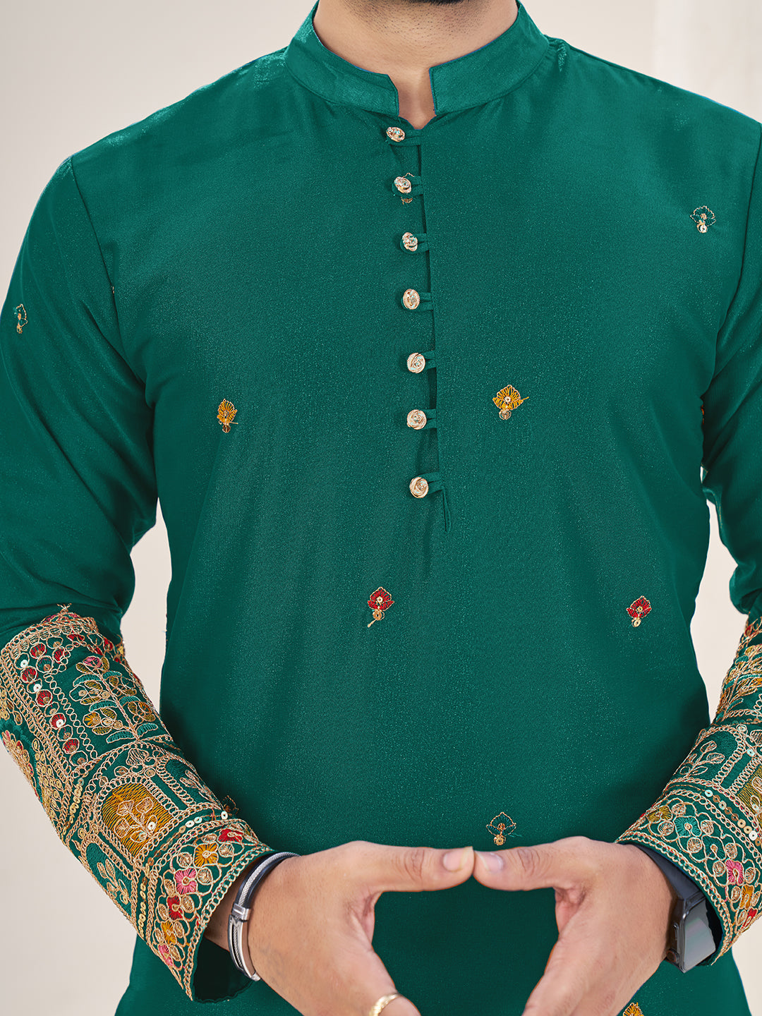 Embroidered Mandarin Collar Thread Work Silk Straight Kurta