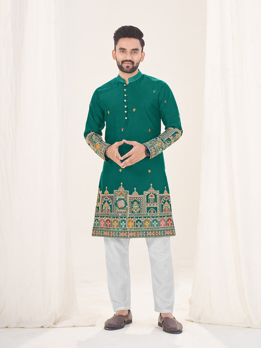 Embroidered Mandarin Collar Thread Work Silk Straight Kurta