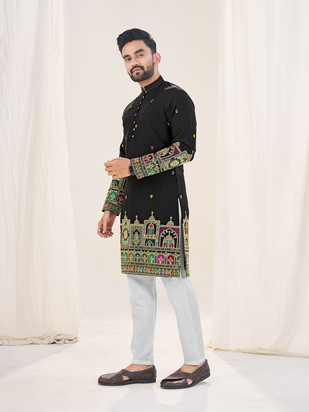 Black Embroidered Mandarin Collar Thread Work Silk Straight Kurta