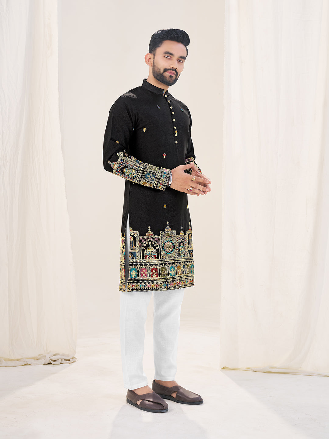 Black Embroidered Mandarin Collar Thread Work Silk Straight Kurta