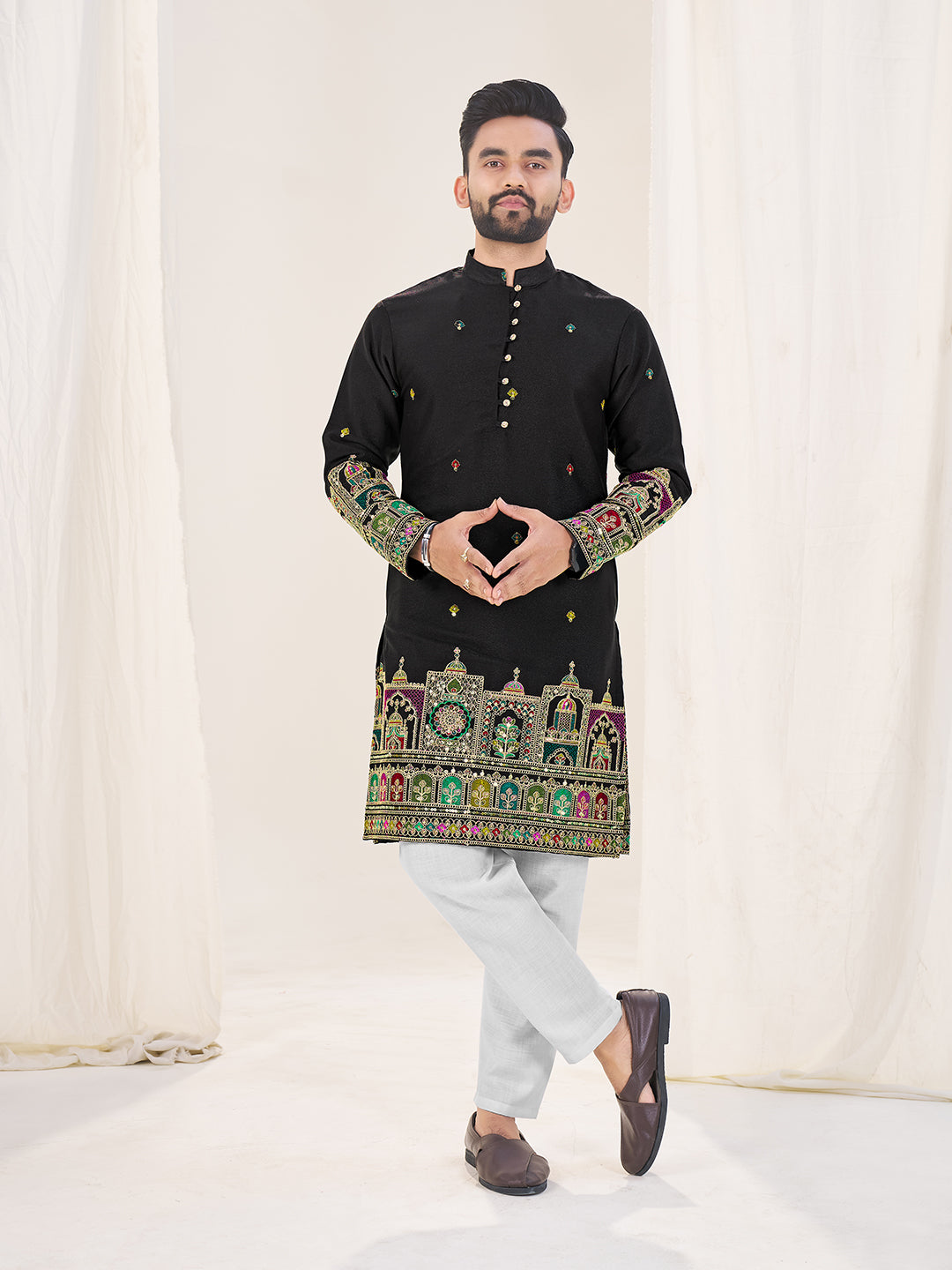 Black Embroidered Mandarin Collar Thread Work Silk Straight Kurta