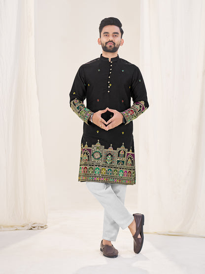 Black Embroidered Mandarin Collar Thread Work Silk Straight Kurta