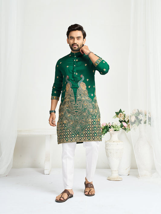 Shopgarb Green Silk Kurta with Embroidery – Men’s Festive & Wedding Collection