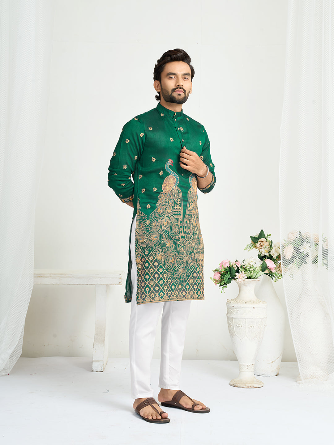 Shopgarb Green Silk Kurta with Embroidery – Men’s Festive & Wedding Collection