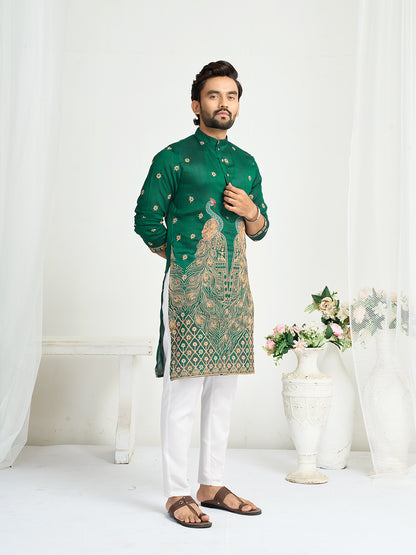 Shopgarb Green Silk Kurta with Embroidery – Men’s Festive & Wedding Collection