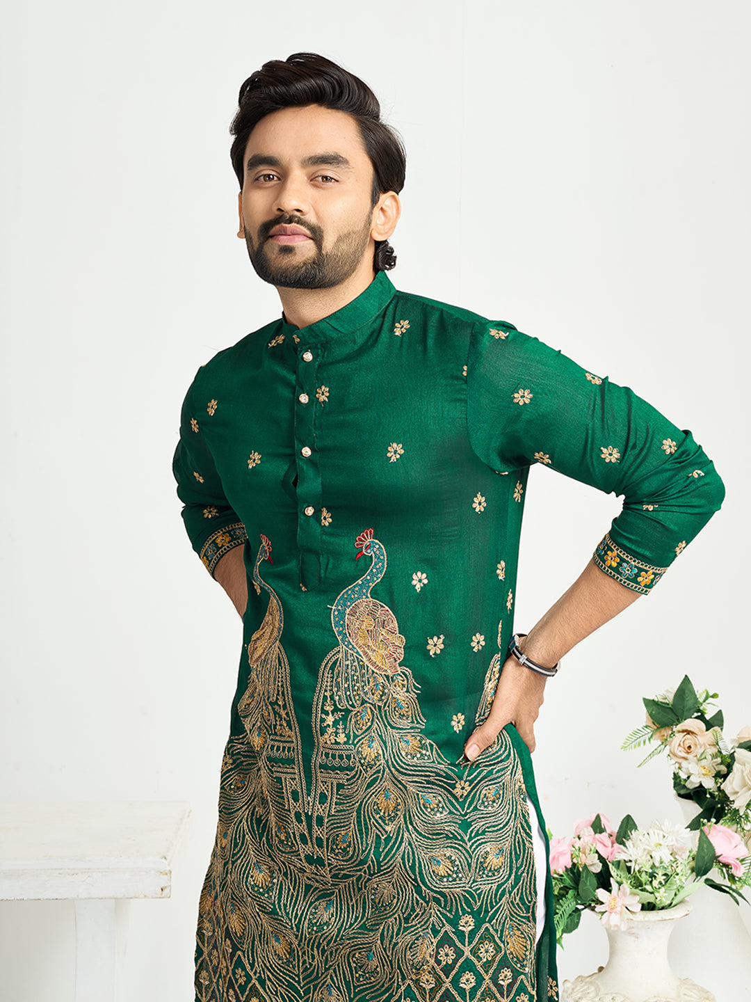Shopgarb Green Silk Kurta with Embroidery – Men’s Festive & Wedding Collection