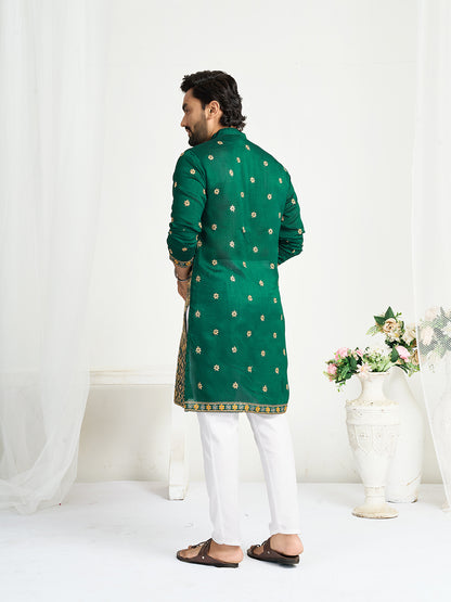 Shopgarb Green Silk Kurta with Embroidery – Men’s Festive & Wedding Collection