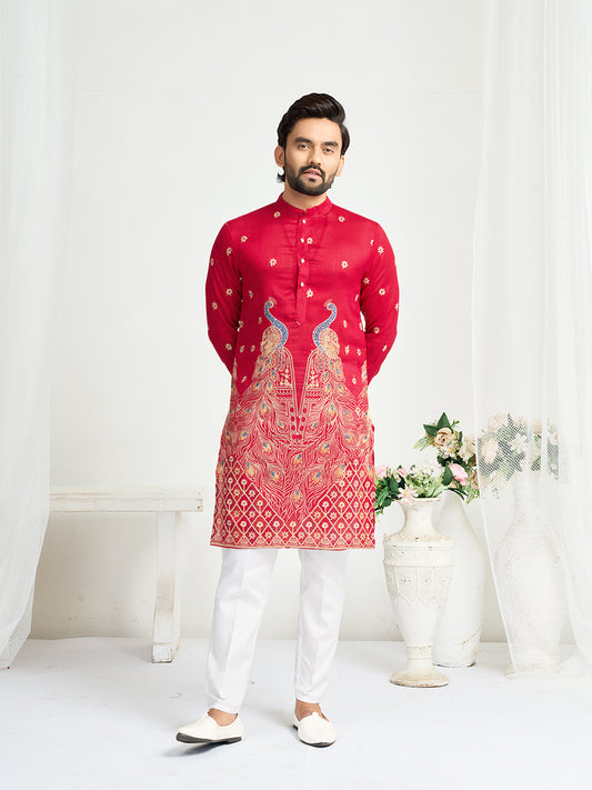 Shopgarb Pink Silk Kurta with Embroidery – Men’s Festive & Wedding Collection