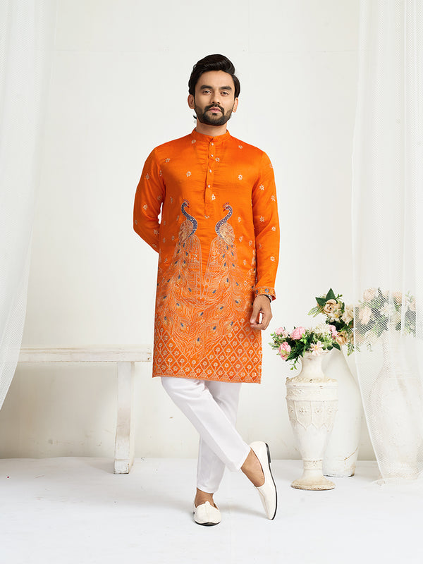 Shopgarb Orange Silk Kurta with Embroidery – Men’s Festive & Wedding Collection