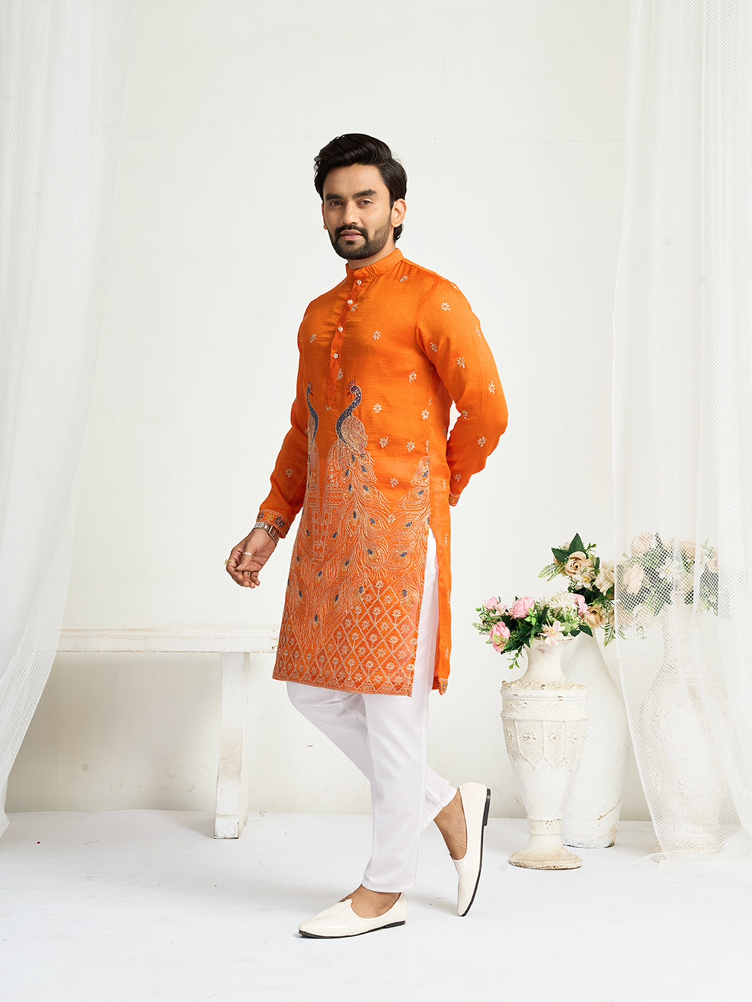 Shopgarb Orange Silk Kurta with Embroidery – Men’s Festive & Wedding Collection