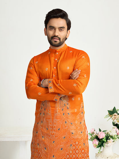 Shopgarb Orange Silk Kurta with Embroidery – Men’s Festive & Wedding Collection
