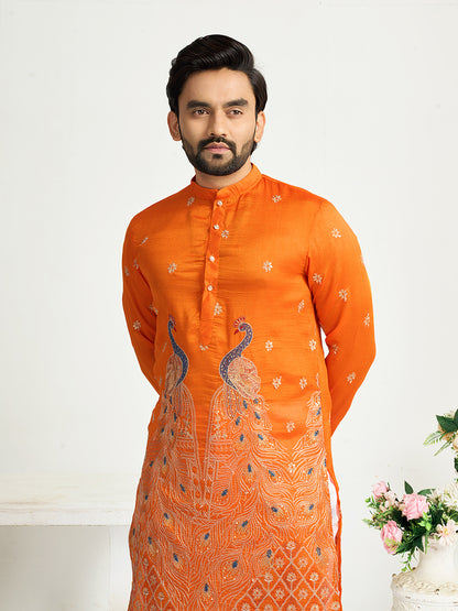 Shopgarb Orange Silk Kurta with Embroidery – Men’s Festive & Wedding Collection