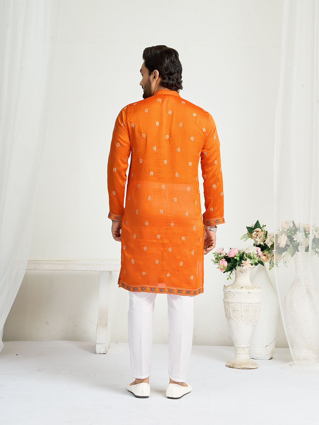 Shopgarb Orange Silk Kurta with Embroidery – Men’s Festive & Wedding Collection