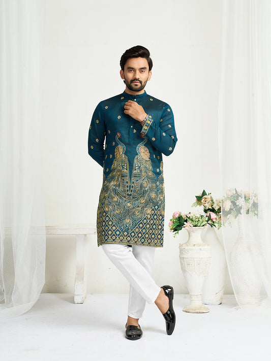 Shopgarb Navy Blue Silk Kurta with Embroidery – Men’s Festive & Wedding Collection
