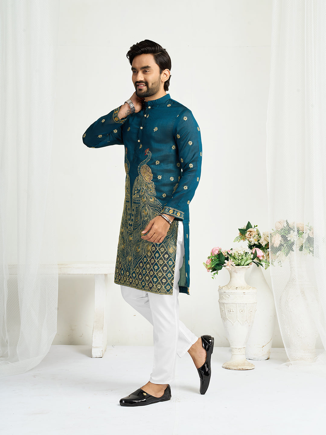 Shopgarb Navy Blue Silk Kurta with Embroidery – Men’s Festive & Wedding Collection