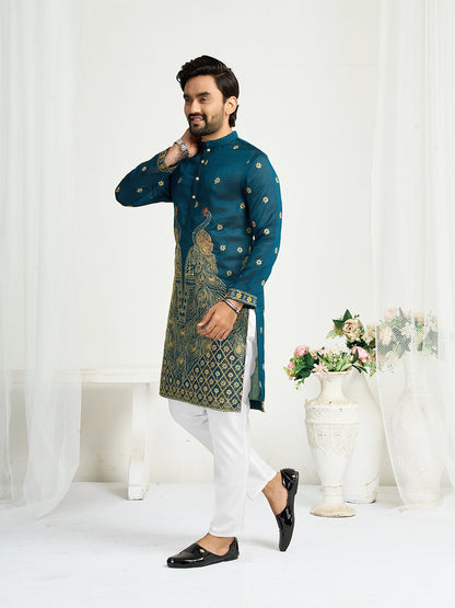 Shopgarb Navy Blue Silk Kurta with Embroidery – Men’s Festive & Wedding Collection