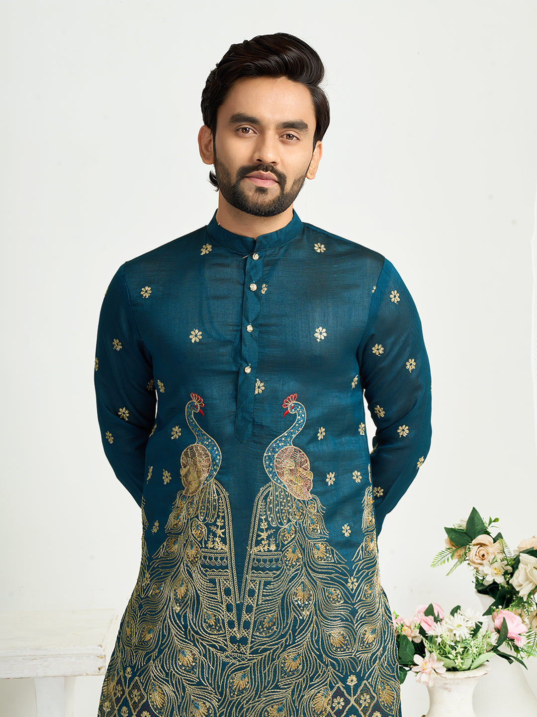Shopgarb Navy Blue Silk Kurta with Embroidery – Men’s Festive & Wedding Collection