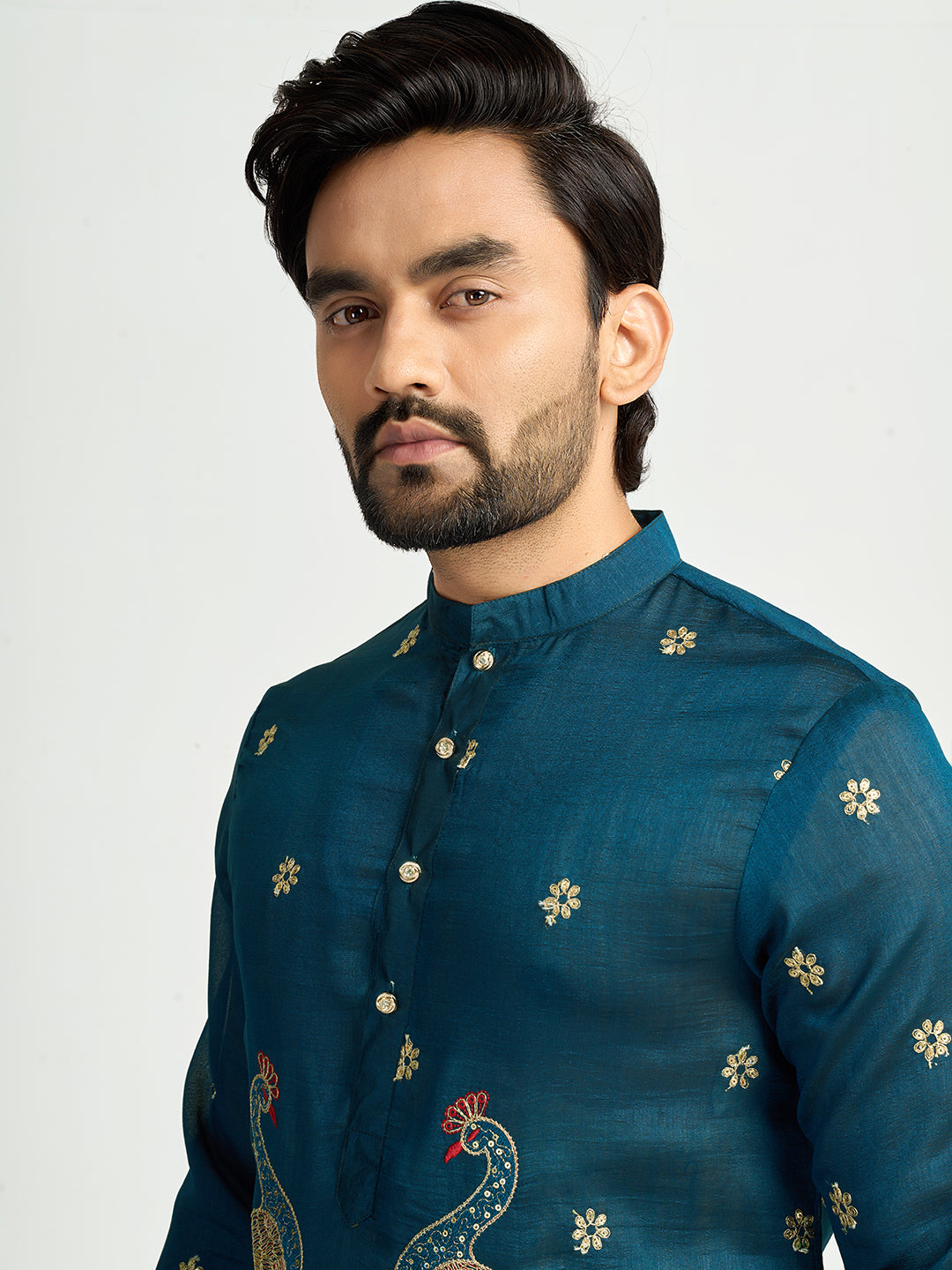 Shopgarb Navy Blue Silk Kurta with Embroidery – Men’s Festive & Wedding Collection