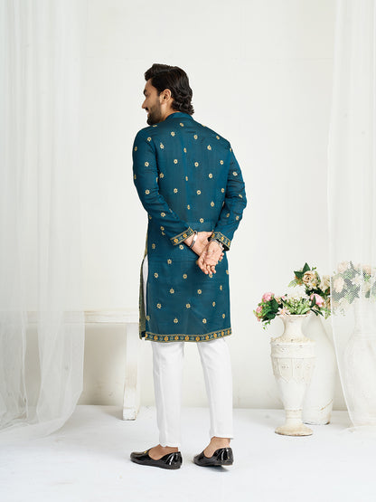 Shopgarb Navy Blue Silk Kurta with Embroidery – Men’s Festive & Wedding Collection