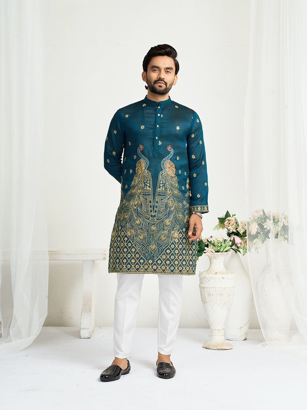 Shopgarb Navy Blue Silk Kurta with Embroidery – Men’s Festive & Wedding Collection
