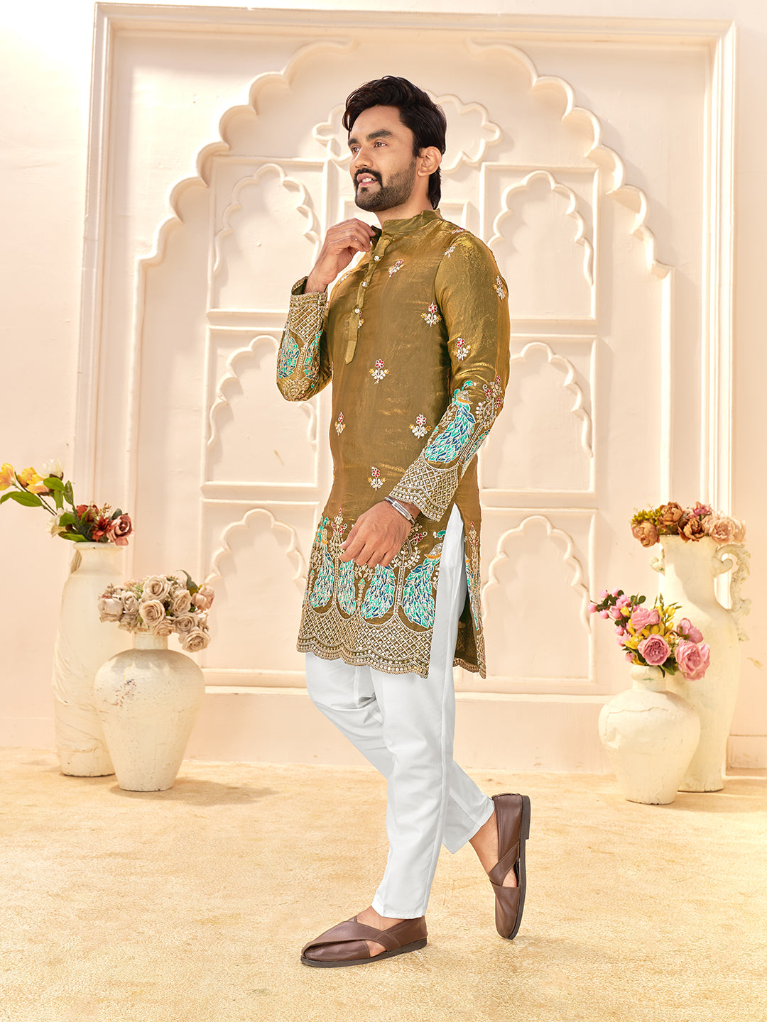Shopgarb Designer Mehendi Green Fendi Silk Kurta for Wedding & Festive Wear