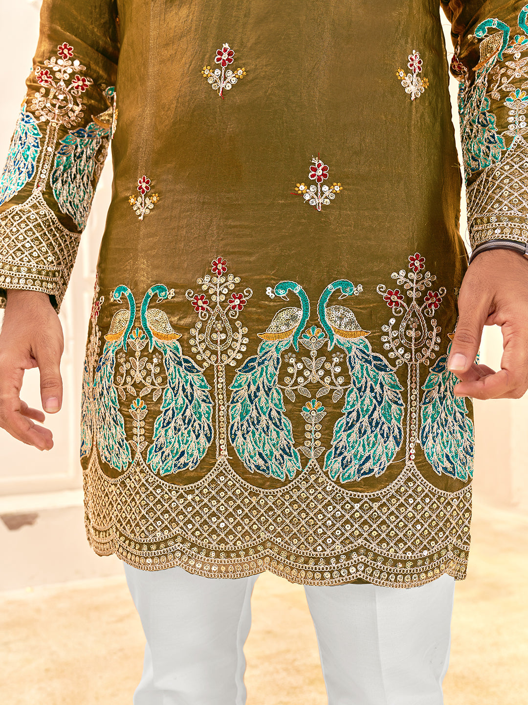 Shopgarb Designer Mehendi Green Fendi Silk Kurta for Wedding & Festive Wear