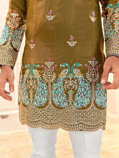 Shopgarb Designer Mehendi Green Fendi Silk Kurta for Wedding & Festive Wear