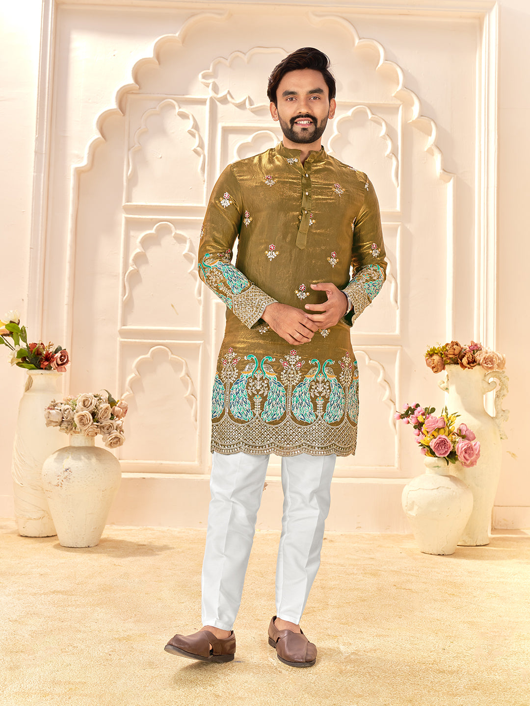 Shopgarb Designer Mehendi Green Fendi Silk Kurta for Wedding & Festive Wear