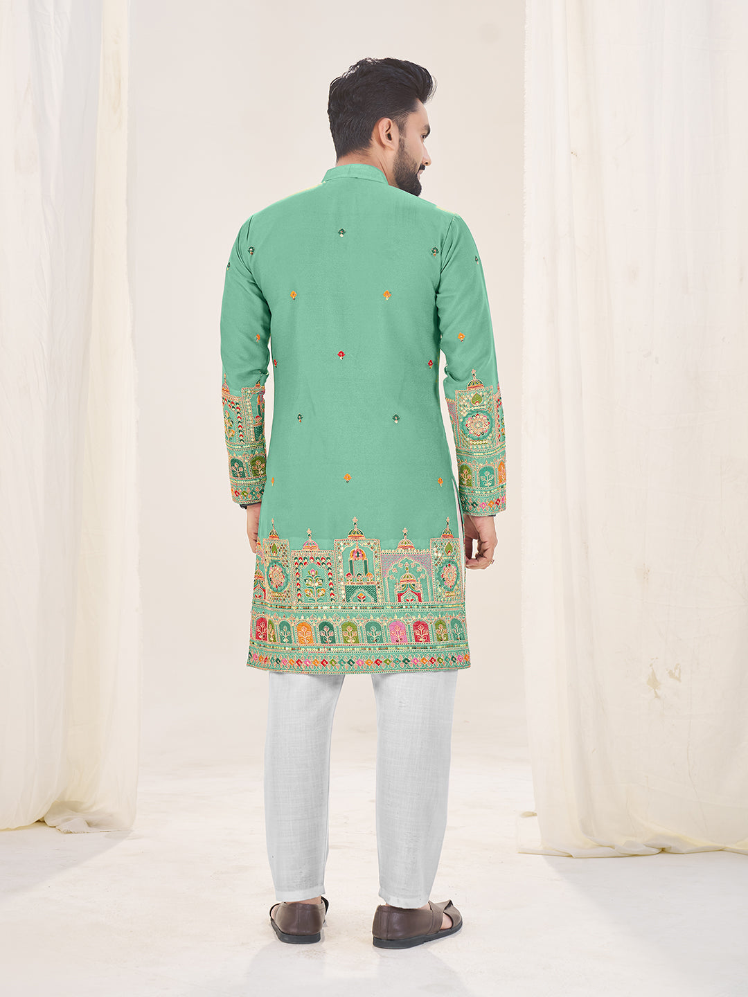 Embroidered Mandarin Collar Thread Work Silk Straight Kurta