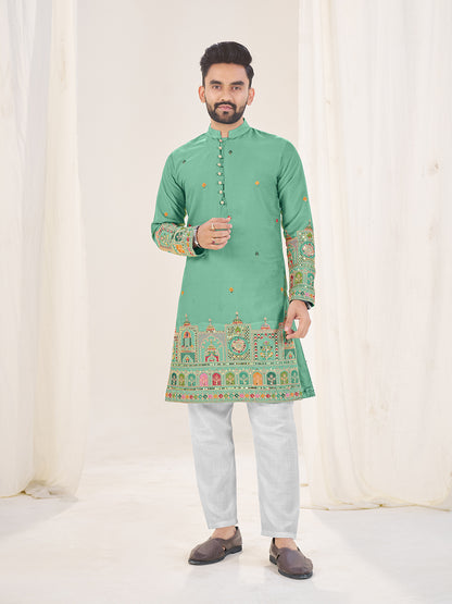 Embroidered Mandarin Collar Thread Work Silk Straight Kurta