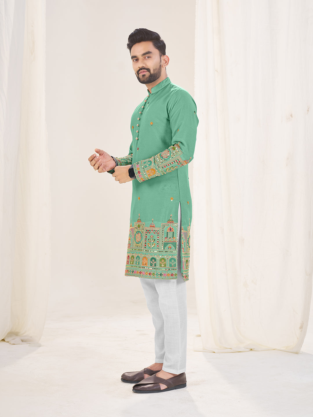 Embroidered Mandarin Collar Thread Work Silk Straight Kurta