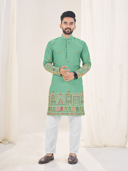 Embroidered Mandarin Collar Thread Work Silk Straight Kurta