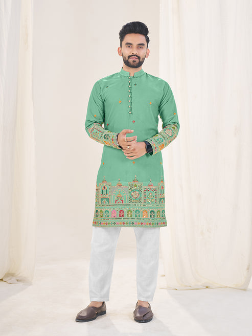 Embroidered Mandarin Collar Thread Work Silk Straight Kurta