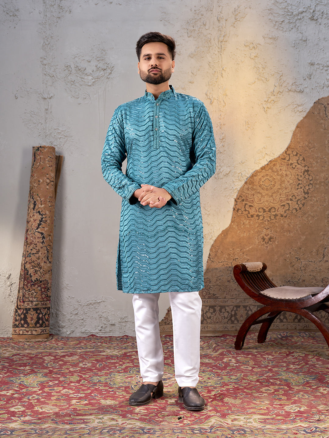 Shopgarb Men’s Sky Blue Rayon Sequin Embroidered Kurta – Festive and Ethnic Wear