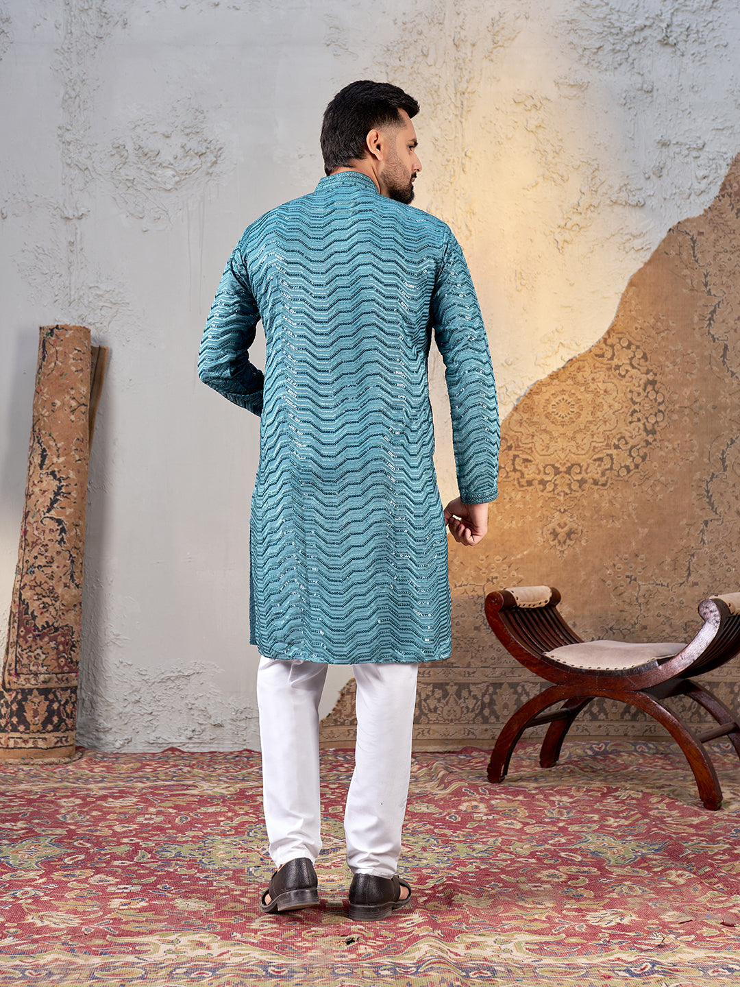 Shopgarb Men’s Sky Blue Rayon Sequin Embroidered Kurta – Festive and Ethnic Wear