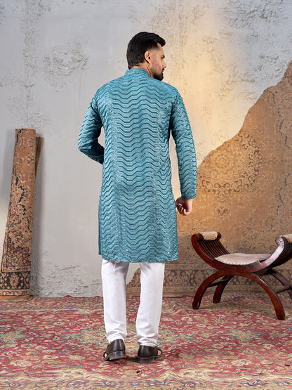 Shopgarb Men’s Sky Blue Rayon Sequin Embroidered Kurta – Festive and Ethnic Wear