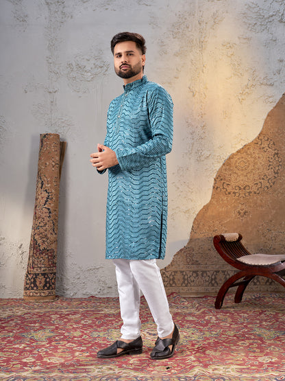 Shopgarb Men’s Sky Blue Rayon Sequin Embroidered Kurta – Festive and Ethnic Wear