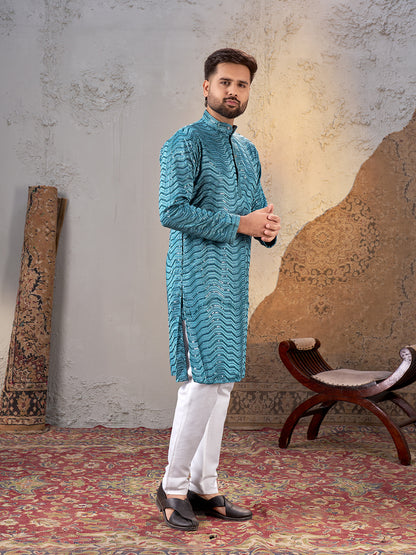 Shopgarb Men’s Sky Blue Rayon Sequin Embroidered Kurta – Festive and Ethnic Wear