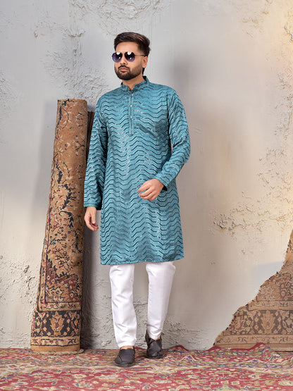 Shopgarb Men’s Sky Blue Rayon Sequin Embroidered Kurta – Festive and Ethnic Wear