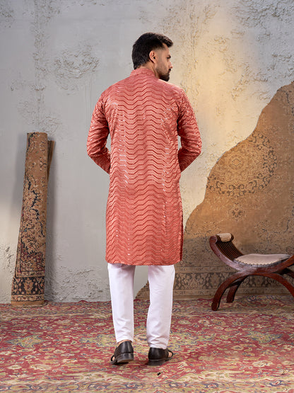 Shopgarb Men’s Dark Peach Rayon Sequin Embroidered Kurta – Festive and Ethnic Wear