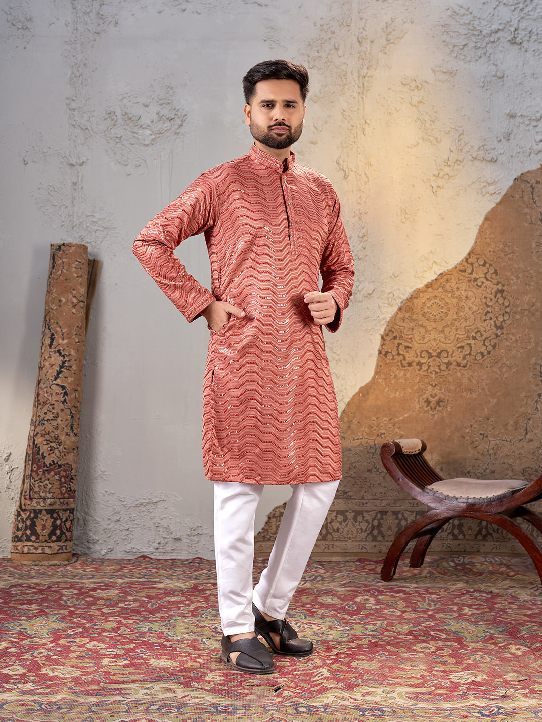 Shopgarb Men’s Dark Peach Rayon Sequin Embroidered Kurta – Festive and Ethnic Wear
